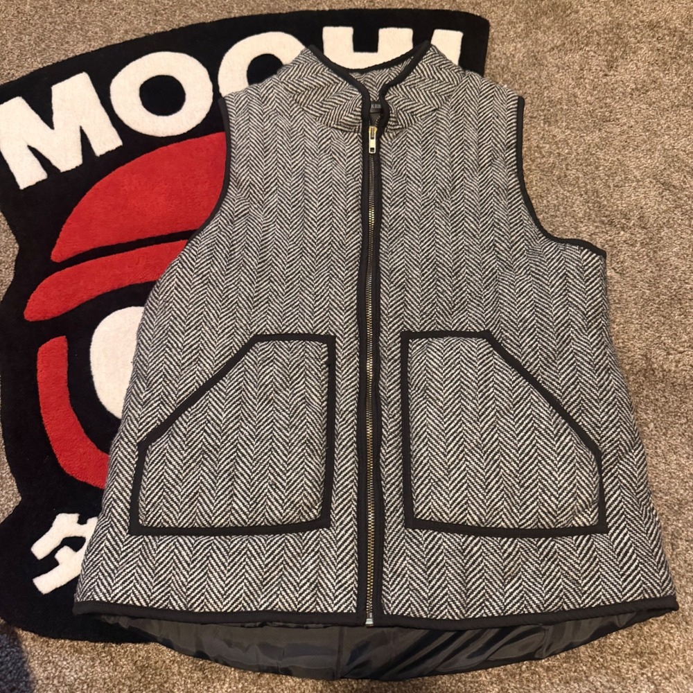 Merokeety‎ Women's Quilted Vest Herringbone Black White Full Zip